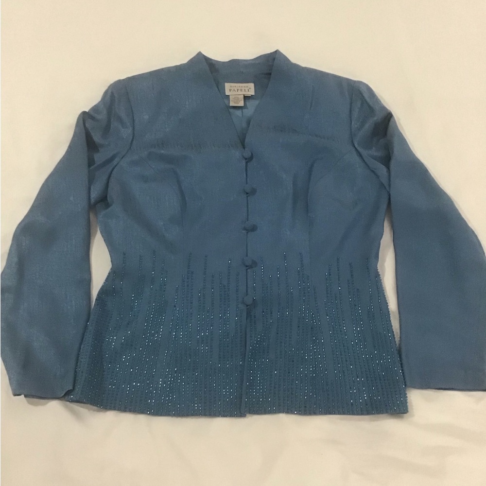 Adrianna Papelle 100% Blue Silk Beaded Blouse w/Covered Buttons, Size 12